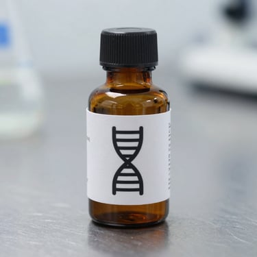 Amber glass research vial with a clean technical label showing a precise DNA-helix icon, resting on a sterile metal laboratory surface, sharp focus.
