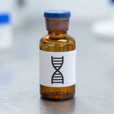Amber glass research vial with a clean technical label showing a precise DNA-helix icon, resting on a sterile metal laboratory surface, sharp focus.
