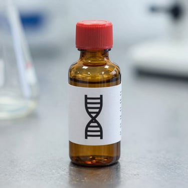 Amber glass research vial with a clean technical label showing a precise DNA-helix icon, resting on a sterile metal laboratory surface, sharp focus.