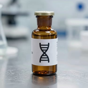 Amber glass research vial with a clean technical label showing a precise DNA-helix icon, resting on a sterile metal laboratory surface, sharp focus.