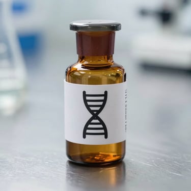 Amber glass research vial with a clean technical label showing a precise DNA-helix icon, resting on a sterile metal laboratory surface, sharp focus.