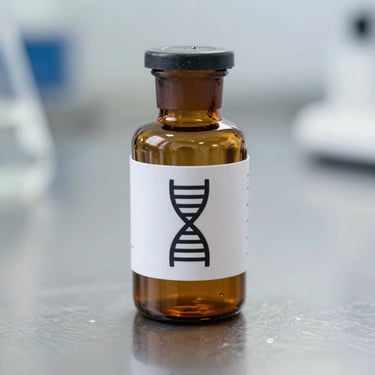 Amber glass research vial with a clean technical label showing a precise DNA-helix icon, resting on a sterile metal laboratory surface, sharp focus.