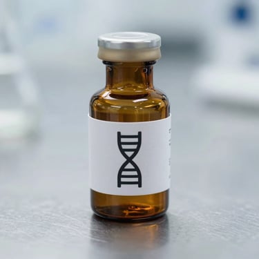 Amber glass research vial with a clean technical label showing a precise DNA-helix icon, resting on a sterile metal laboratory surface, sharp focus.