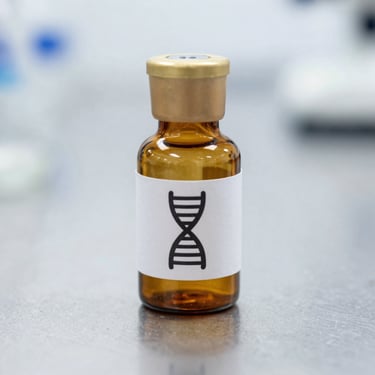 Amber glass research vial with a clean technical label showing a precise DNA-helix icon, resting on a sterile metal laboratory surface, sharp focus.