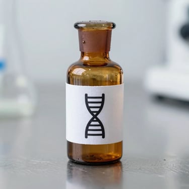 Amber glass research vial with a clean technical label showing a precise DNA-helix icon, resting on a sterile metal laboratory surface, sharp focus.