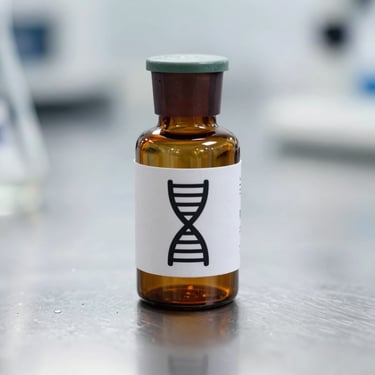 Amber glass research vial with a clean technical label showing a precise DNA-helix icon, resting on a sterile metal laboratory surface, sharp focus.