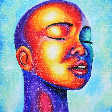 Vibrant colorful oil pastel portrait of an african woman with closed eyes in a vibrant art style.