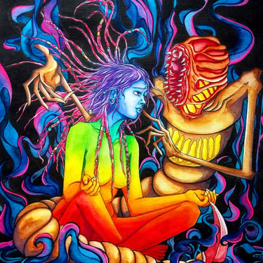 Surreal psychedelic art featuring a meditating figure and a monstrous entity with glowing elements.