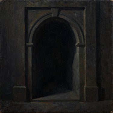 Frontal shot of a dark surrealist oil painting depicting a distorted architectural arch fading into black dust, chiaroscuro lighting, textured canvas, 35mm