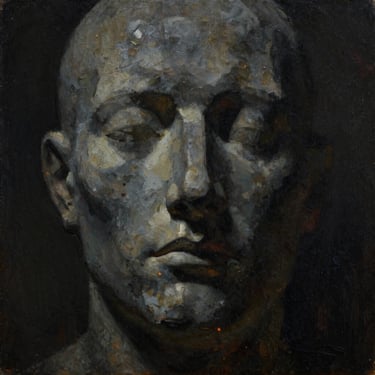 Frontal shot of a dark surrealist oil painting showing a silent stone face dissolving into shadows, dramatic side lighting, rich textured oil paint, 35mm