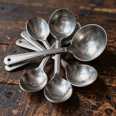 Heavy-duty aluminum spoons and ladles stacked on a rustic wooden table, side daylight highlighting metal shine.