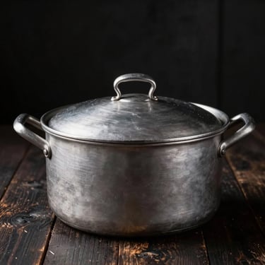 Thick cast aluminum pot with heavy lid, rustic kitchen setting, dark background, dramatic side lighting.