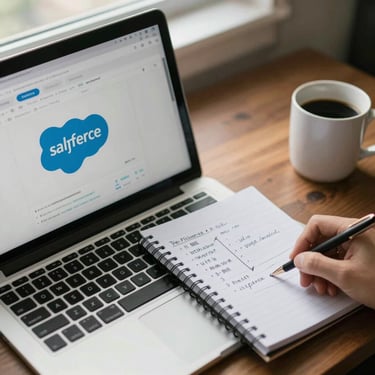 Close-up overhead view of a desk with a laptop showing a Salesforce report, a spiral notebook with handwritten pipeline notes, and a coffee mug, soft natural window light from the upper left, no people visible — just the evidence of focused work