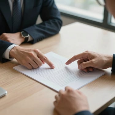 Overhead close-up of two people in a working meeting, one set of hands pointing at a document on a plain table, natural daylight from a nearby window, honest office environment, no eye contact with camera