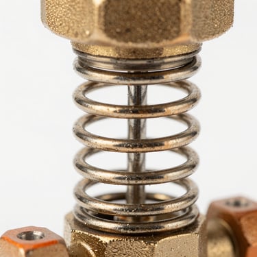 Macro close-up of a bronze safety relief valve spring and stem mechanism, clean high-key studio lighting, metallic brass and steel tones