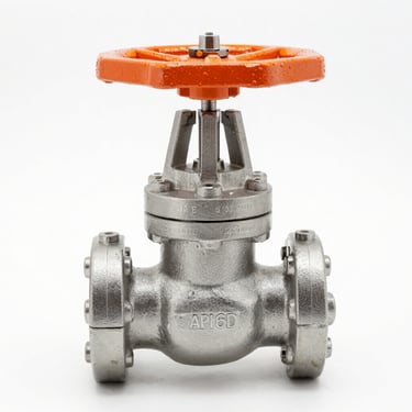 Straight-on portrait of a newly manufactured cast steel gate valve showing clean API 6D casting stamps, high-key studio lighting