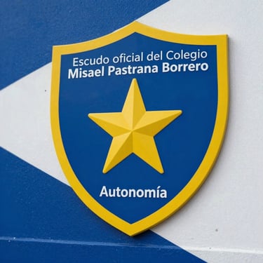 Escudo oficial del Colegio Misael Pastrana Borrero, destacando los colores institucional azul, blanco y detalles en amarillo académico con el lema de autonomía.