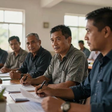 Medium close-up of local village leaders in a community hall discussing development plans, natural light from side windows, authentic focus.