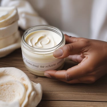 Hands scooping rich, creamy whipped body butter from a jar with fresh shea nuts and oils in the background.