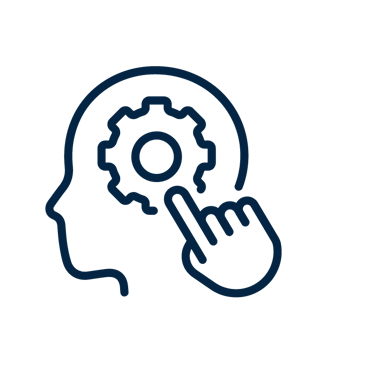 Blue line icon of a human profile with a gear and a finger pointing to it, symbolizing mental processing.