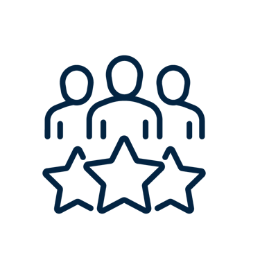Dark blue outline icon of three people figures with stars representing customer reviews and ratings.