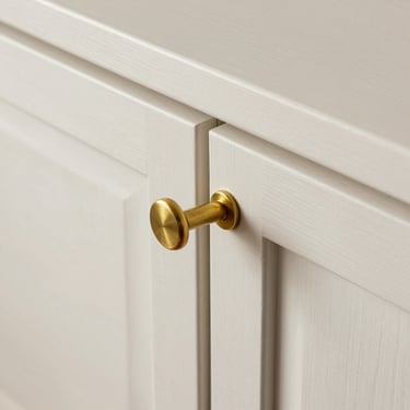 Overhead detail shot of shaker cabinet door edge and frame, warm white painted wood, brushed brass bar pull centered precisely, overcast natural light, reveal gap uniform and tight — no people, no staging props