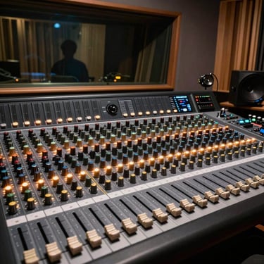 Wide-angle shot of a mixing desk in a dark recording studio, faders and knobs lit by amber console lights, a musician's silhouette visible behind the glass in the isolation booth