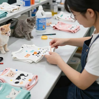 una persona trabajando en una fabrica elaborando trajes para gatos y perros 