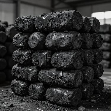 Stacked high-density coconut shell charcoal briquettes in a dry warehouse, high-contrast industrial lighting