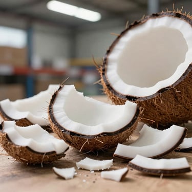 Close-up of raw coconut husk chips and coir fibers showing high tensile strength, bright warehouse lighting