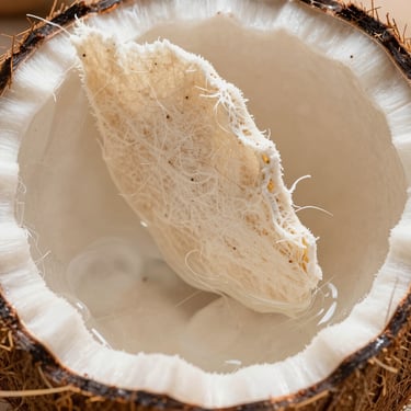 Macro close-up of compressed coco pith block expanding with water, showing rich fibrous texture, direct midday sun