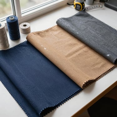 Overhead flat-lay on a workshop table in natural window light, folded marine fabric swatches in navy, tan, and grey showing weave texture and waterproof coating sheen, thread spools and a tape measure at the edge