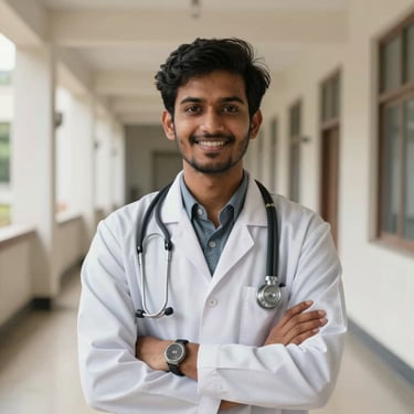A portrait of a confident young South Asian / Indian medical student wearing a white lab coat and a stethoscope, smiling in a bright, modern university corridor.