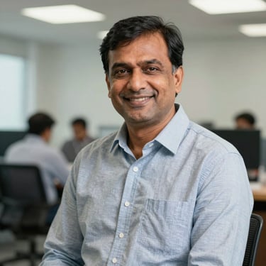 A middle-aged South Asian / Indian man in business casual attire, smiling warmly, in a clean and modern Hyderabad office setting.