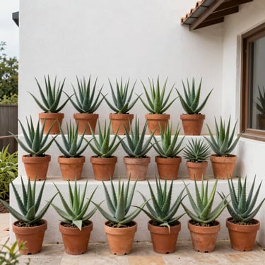 Rows of aloe vera succulent plants in terracotta pots arranged on white steps outside a house.