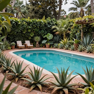 Tropical backyard swimming pool surrounded by lush green agave plants and palm trees with lounge chairs.