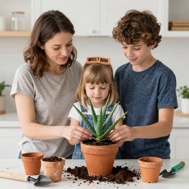 A mother and two children planting a green aloe vera succulent in a terracotta pot indoors.