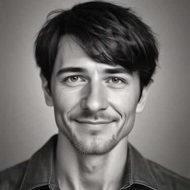 Portrait of a confident musician smiling warmly in a cozy studio setting.