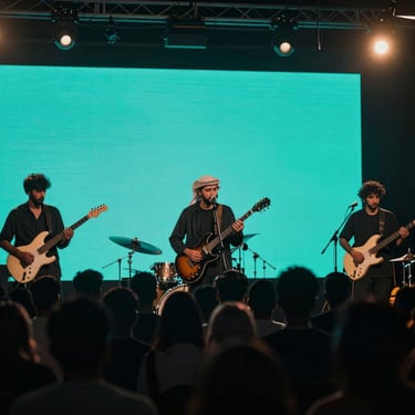 Vibrant live concert shot of an indie Arabic band performing on a dark stage with neon teal backlighting, silhouette of the crowd