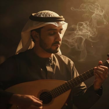 Moody close-up portrait of an Arab oud player under low-key dramatic amber lighting, smoke swirling in the dark background, cinematic