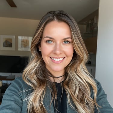 Smiling woman with wavy blonde balayage hair and blue eyes wearing a green blazer in a bright office.