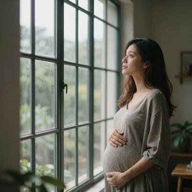 An expectant mother standing near a tall steel-framed window with soft natural light filtering in, organic indoor setting, quiet and artistic.