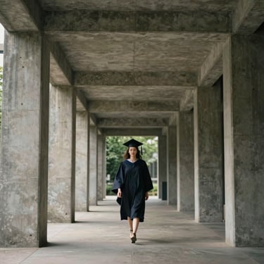 A graduate in a simple dark dress walking through a brutalist concrete campus archway, soft directional daylight, architectural framing, cinematic.
