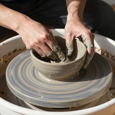 Hands covered in wet grey clay shaping the thick rim of a bowl on a spinning potter wheel, warm studio light