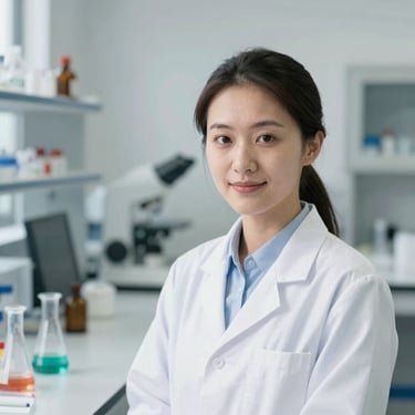 Professional portrait of a female environmental engineering scientist, bright natural light, clean laboratory background, high-resolution editorial.
