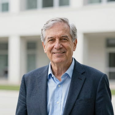 Professional portrait of a senior computer science professor, warm lighting, academic background, clean editorial style.