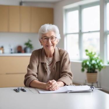 A smiling senior woman with white hair and glasses sitting at a desk with a notebook in a bright room.