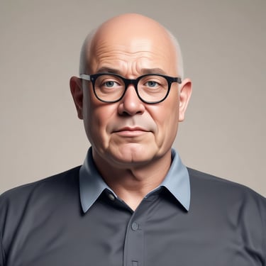 Portrait of a bald middle-aged man with black glasses wearing a grey collared shirt.