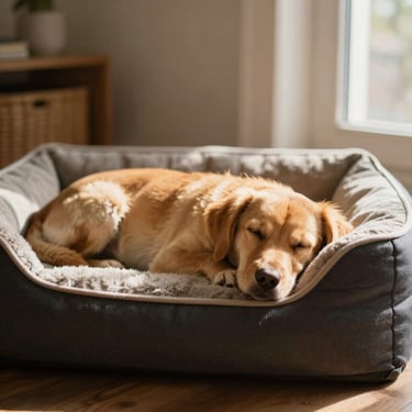 Happy dog sleeping soundly on a comfortable dog bed in a cozy, sun-drenched home, natural light, shallow depth of field.