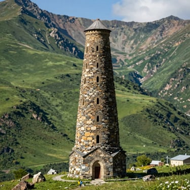 Ancient stone tower in the Caucasus mountains of Svaneti, Georgia, bright daylight, green valleys.